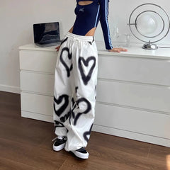 Y2K Love Graffiti Wide Leg Pants Women High Waist Streetwear Loose Drawstring