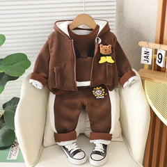 Baby Boys Clothing Set Autumn Winter Cartoon Lion Fleece Thick Hooded Jacket Coat Pants 3Pc Suit for 1-4 Years Kids Warm Outfits
