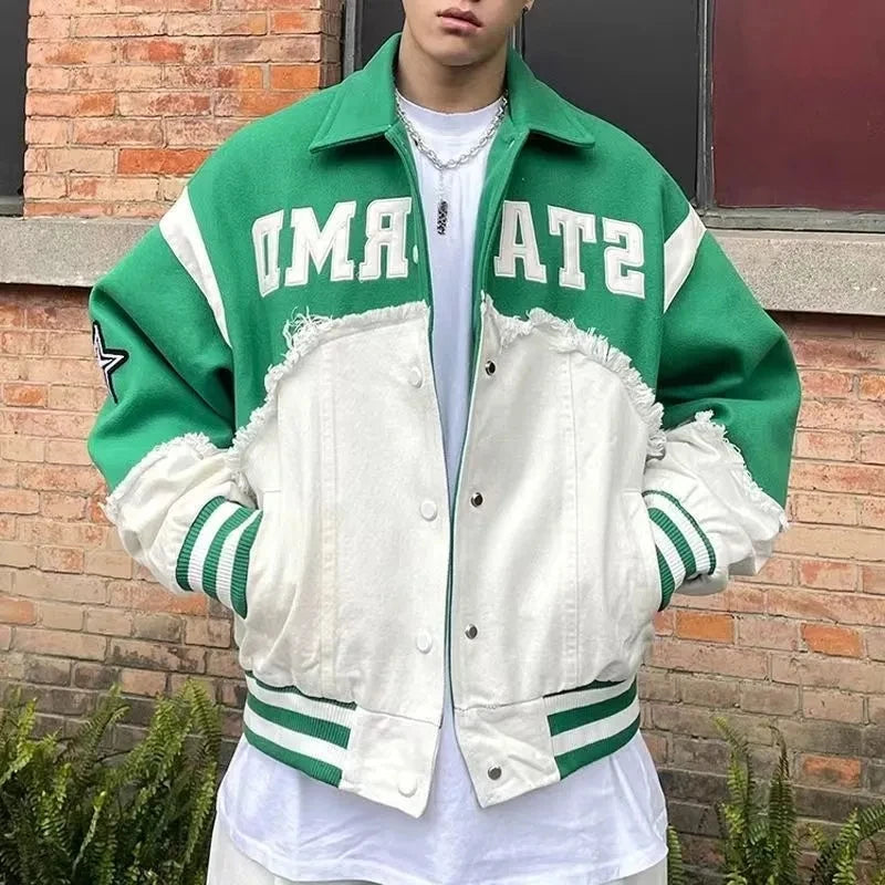Vintage Denim Patchwork Jackets Men Letter Patch Varsity Jackets