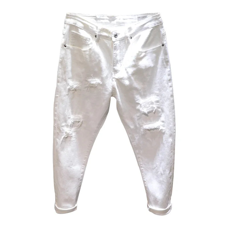 White Jeans Men All-match Fashion Ripped Hole Slim Stretch Harem Pants