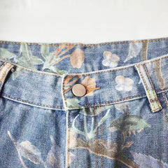 Mens Fashion Printed Jeans Spring Floral Denim Mopping Trousers