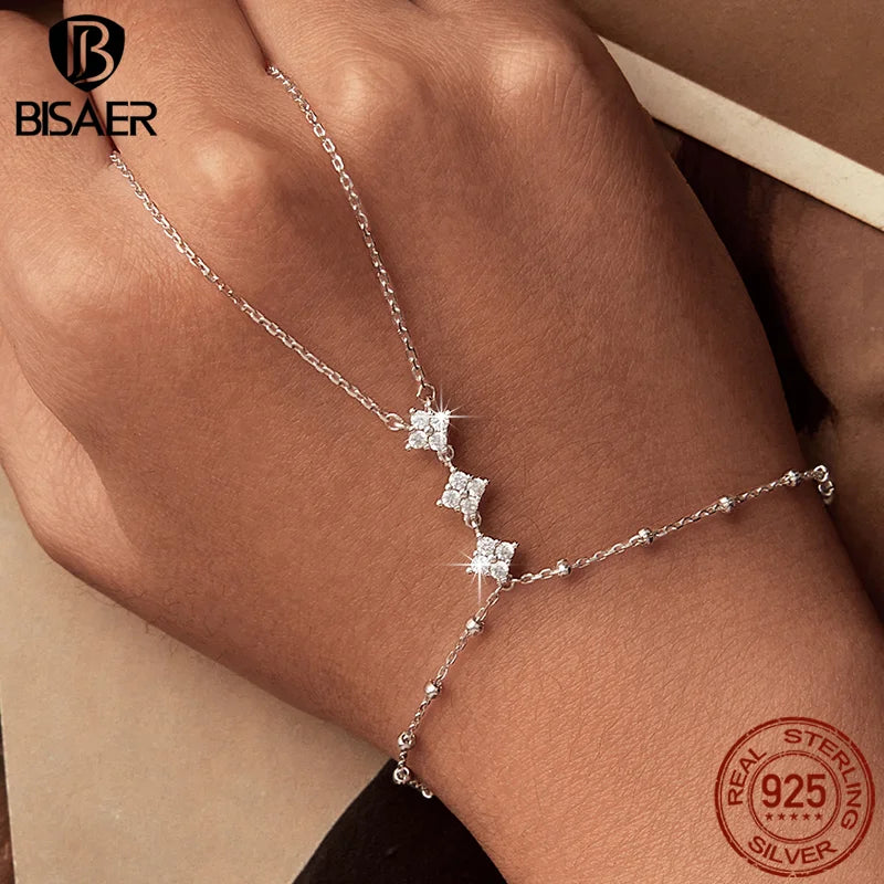 BISAER 925 Sterling Silver Finger Ring Bracelet Hand Chain Trendy Thin Dainty Stackable Chain Plated Gold for Women Fine Jewelry