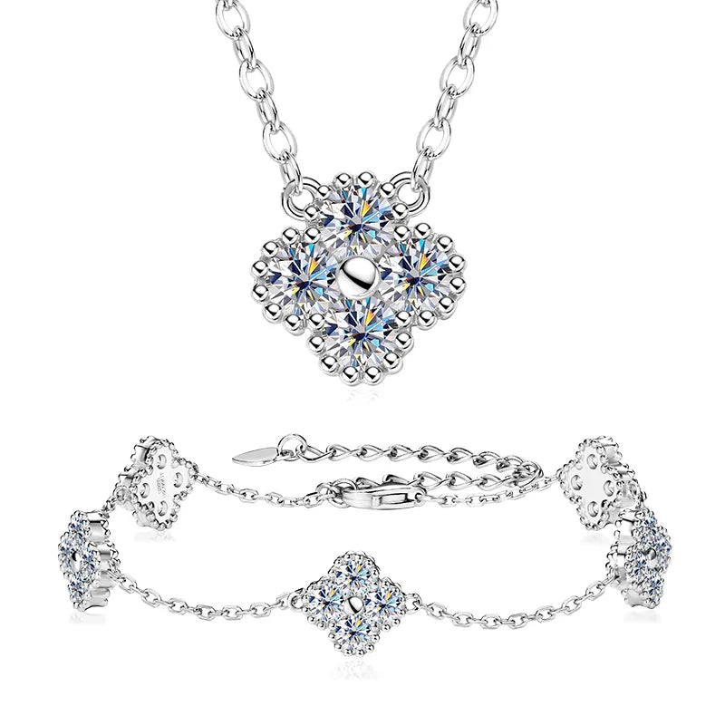 18k Gold Plated 925 Silver 3mm Moissanite Necklace Earrings Bracelet Sets 3 In 1 Clover Flower Charm Jewelry Set for Women Gift