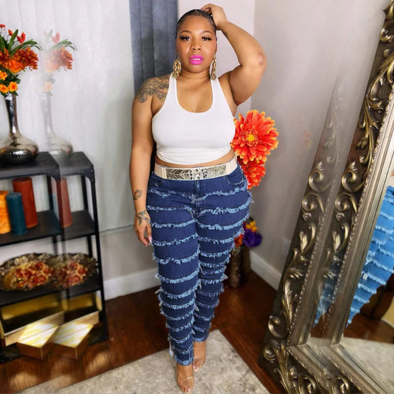 Plus Size Jeans Wash Tassel Tight Elastic Stitching Large Women's Jeans