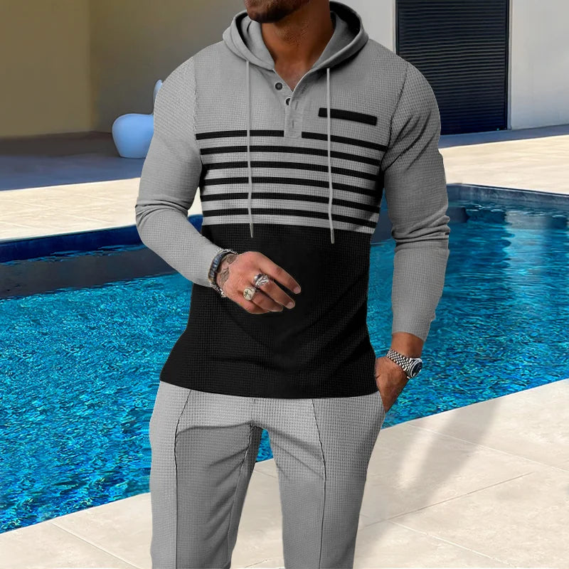 New Men's Waffle Casual Set Outdoor Four Seasons Versatile Trendy Stripe Color blocked Hoodie, Casual Pants Two Piece Set