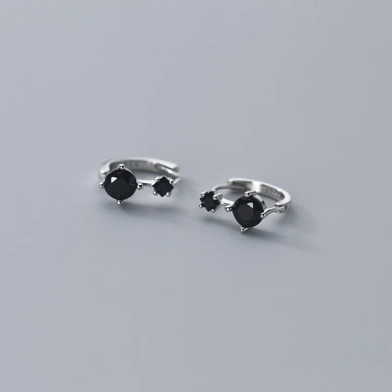 WANTME 925 Sterling Silver Simple Shiny Black Zircon Statement Ear Buckle for Women Fashion Elegant Party Hoop Earrings Jewelry