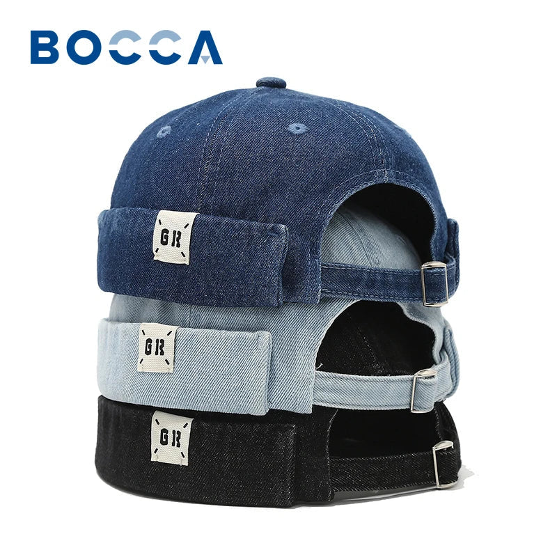 Bocca Denim Docker Cap Without Visor Letter Label Brimless Caps Adjustable Solid Color Hats Unisex Adult Retro Hip Hop Street