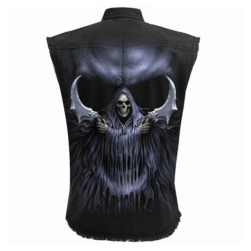 Men's Denim Blouse Retro 3D Skull Graphic Print Sleeveless Shirt Fashion Pocket