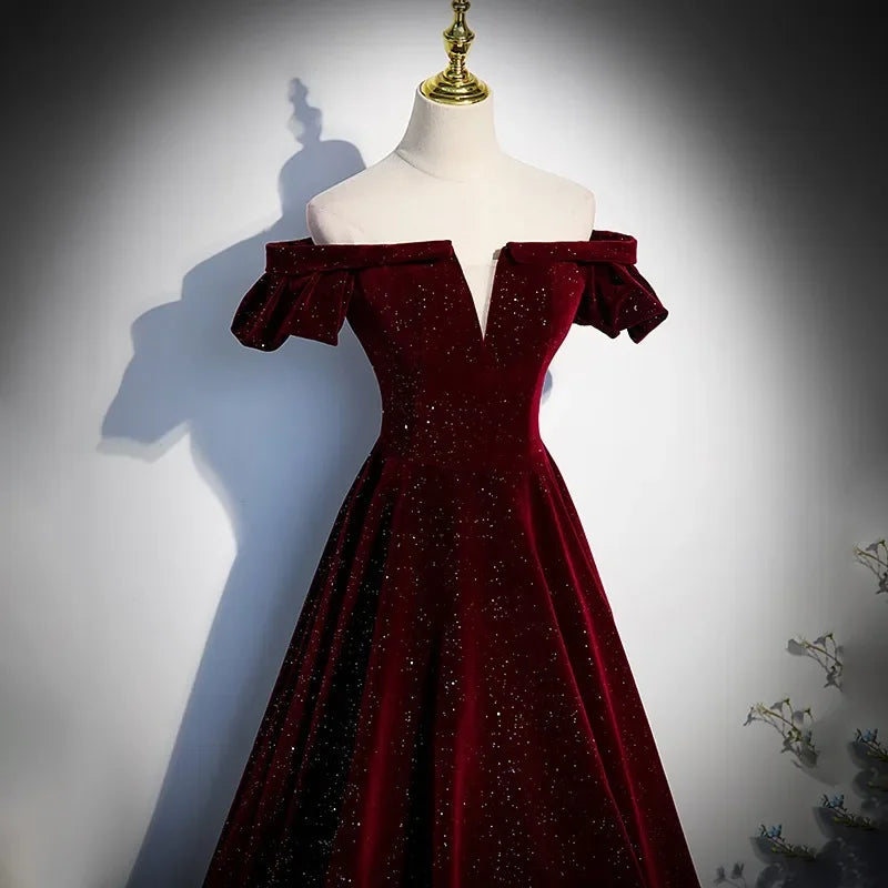 Evening wear Dresses: One-shoulder Wine Red Velvet Evening Dress