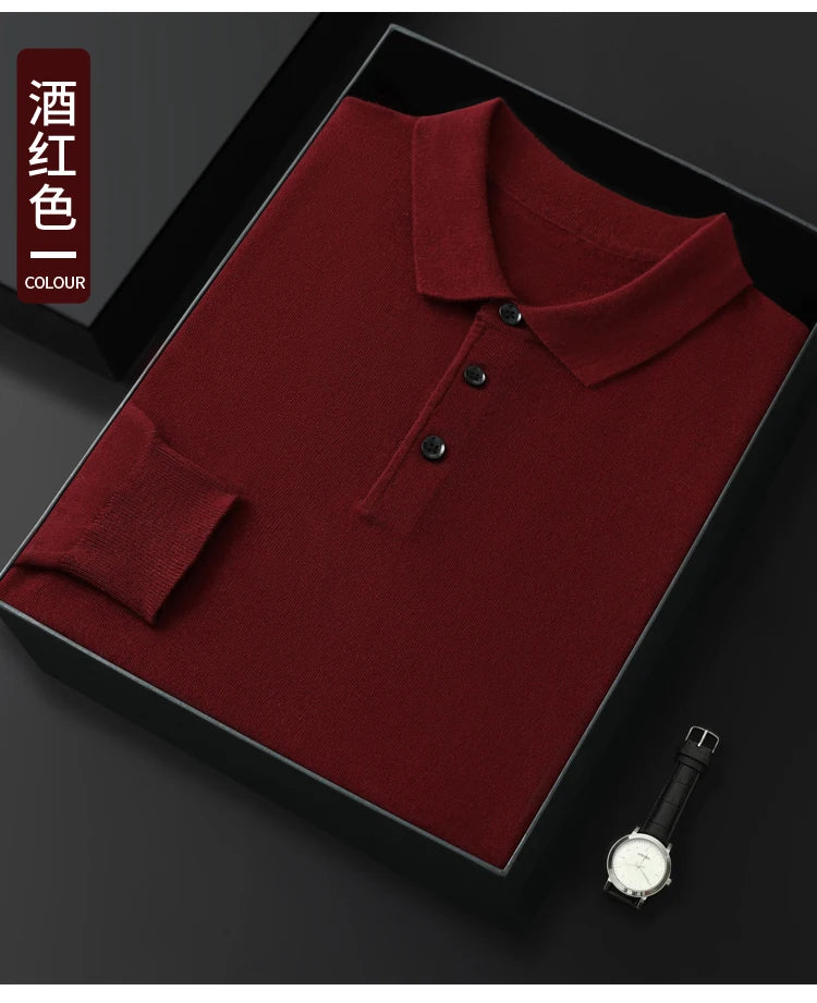 Spring Autumn Men Shirt  Merino Worsted Wool Knitted Pullover Long Sleeve Polo-Collar Clothing Tops Smart Casual Thin Outerwears