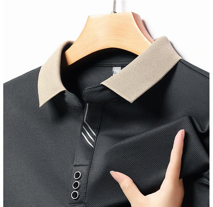 New Men's Long-sleeved Polo Shirt Sweatwear Business Casual Top Fashion Classic Solid Color Male Brand Basic V-neck Top