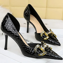 Western Style 8cm High Heels Side Hollow Pumps Lady Luxury Designer Metal Chain