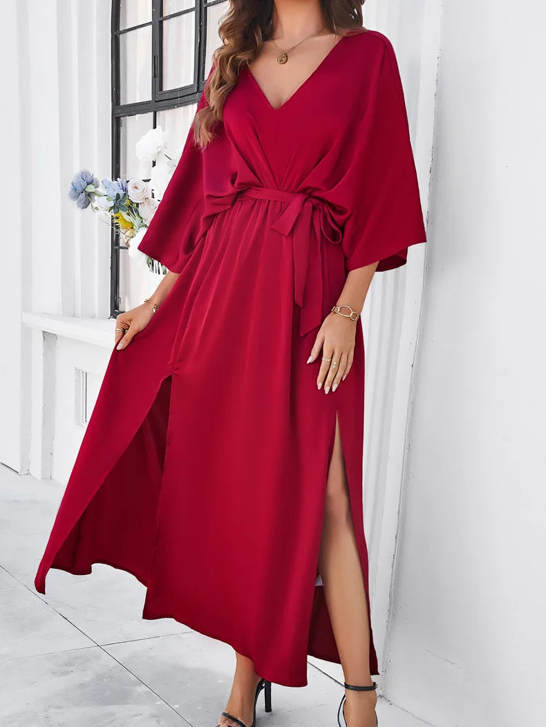 Elegant V-neck Loose Dress for Women Wedding Party Dress Up Long Solid Office Lady Outfit Outfit 2024 Spring Summer Streetwear