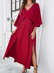 Elegant V-neck Loose Dress for Women Wedding Party Dress Up Long Solid Office Lady