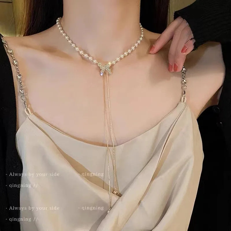New Beads Women's Neck Chain Kpop Pearl Choker Necklace Gold Color Goth Chocker Jewelry On The Neck Pendant 2022 Collar For Girl