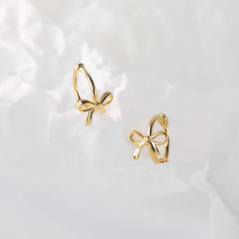 WANTME 925 Sterling Silver Fashion Simple Bow Huggies Ear Hoop Earrings for Women Cute Girl Romantic Korean Butterfly Jewelry