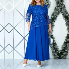 Plus Size Loose Party Women Clothing Elegant Crew Neck Embroider Lace Long Sleeve