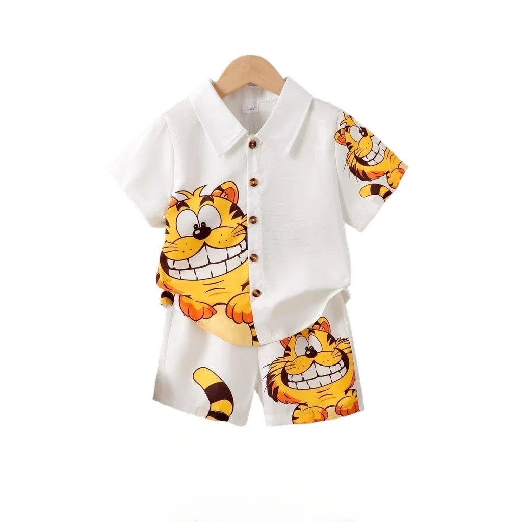 2PCS Summer Kid Boy Gentlemen Clothes Set Cartoon Pattern Lapel Collar Top with Shorts Birthday Party Wear for Toddler 1-6 Years