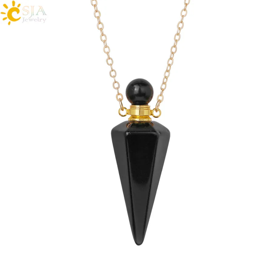 Natural Stone Cone Perfume Bottle necklace Healing Clear Quartz Crystal Pendant Reiki Essentials Oil Diffuser Vial Necklace H119