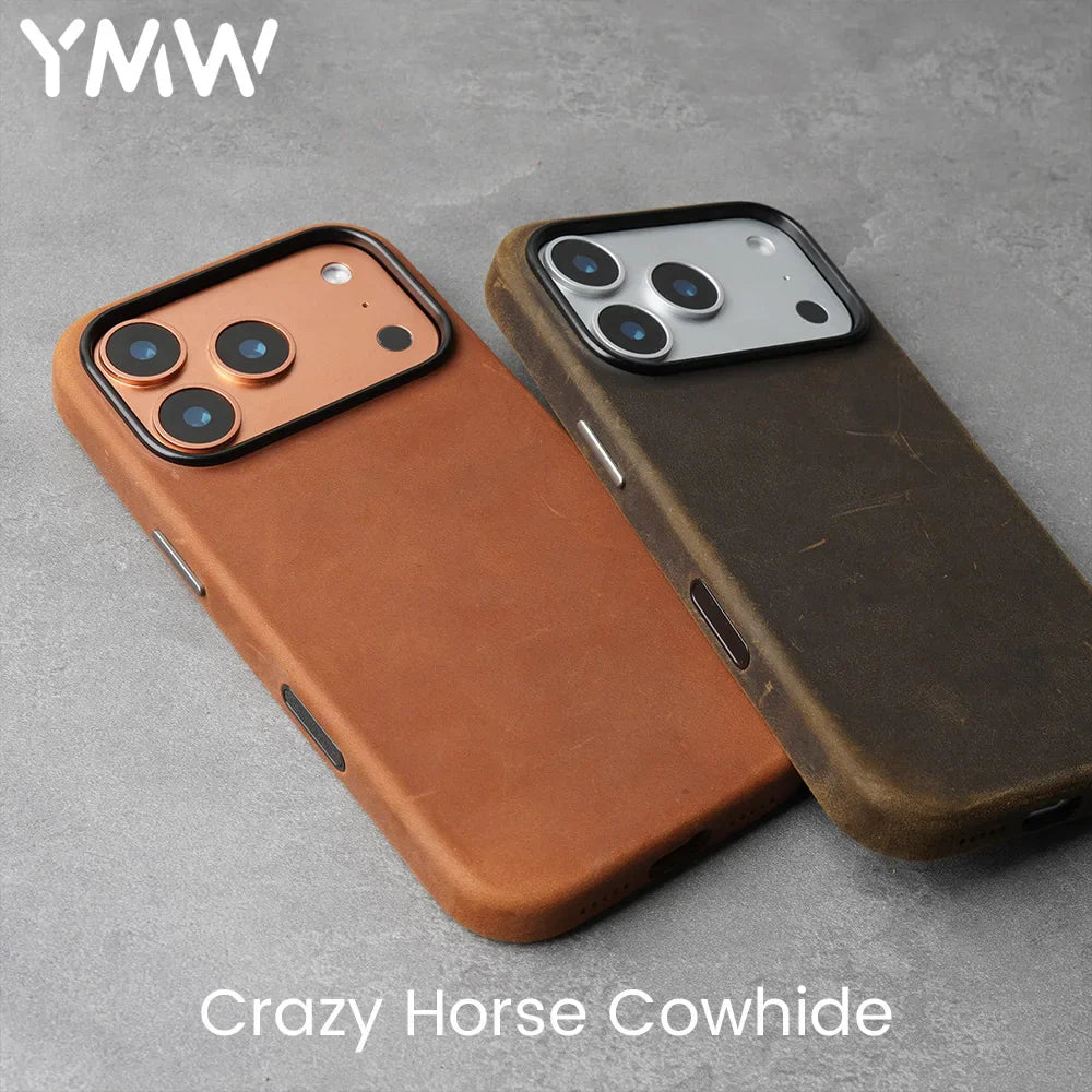 Genuine Leather Case for iPhone 17 16 15 Pro Max Magnetic PULL-UP Cowhide Phone Cover