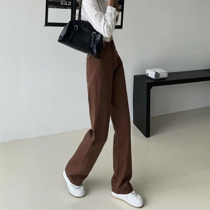 Summer Women Brown Jeans High Waist Loose Straight Wide Leg Denim Trouser