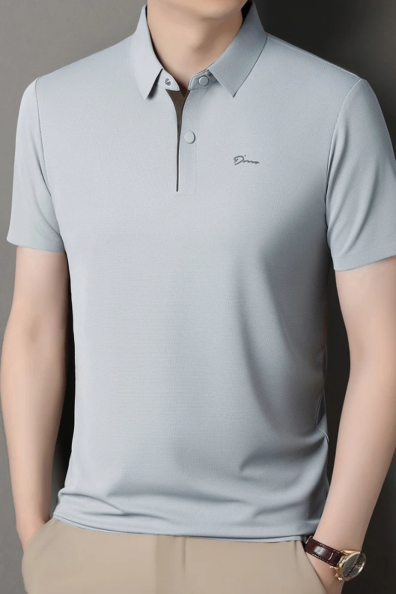 Summer seamless ice silk short sleeved T-shirt, polo shirt, flip collar, casual elastic top, breathable thin half sleeve