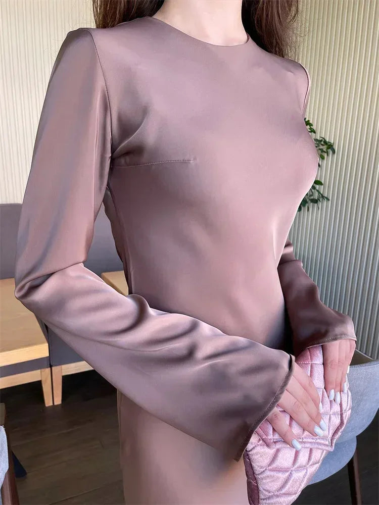 Tossy Satin Fashion Slim Maxi Dress For Women Long Sleeve High Waist