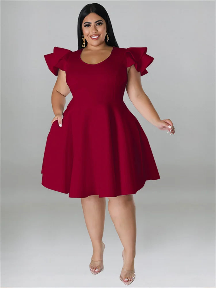 Wmstar Plus Size Dresses for Women Elegant Party  Solid Ruffles Sleeve Big Hem Midi Dress Hot Sale New Wholesale Dropshipping