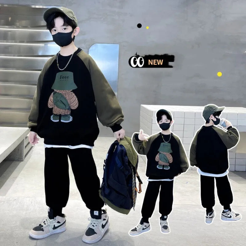 Spring Autumn Boys Patchwork Cartoon Sweatshirt+Sweatpant Workout Set School Kids 2PCS Tracksuit Children Jogging Outfit 5-16 Yr