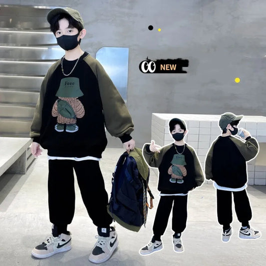 Spring Autumn Boys Patchwork Cartoon Sweatshirt+Sweatpant Workout Set School Kids 2PCS Tracksuit Children Jogging Outfit 5-16 Yr