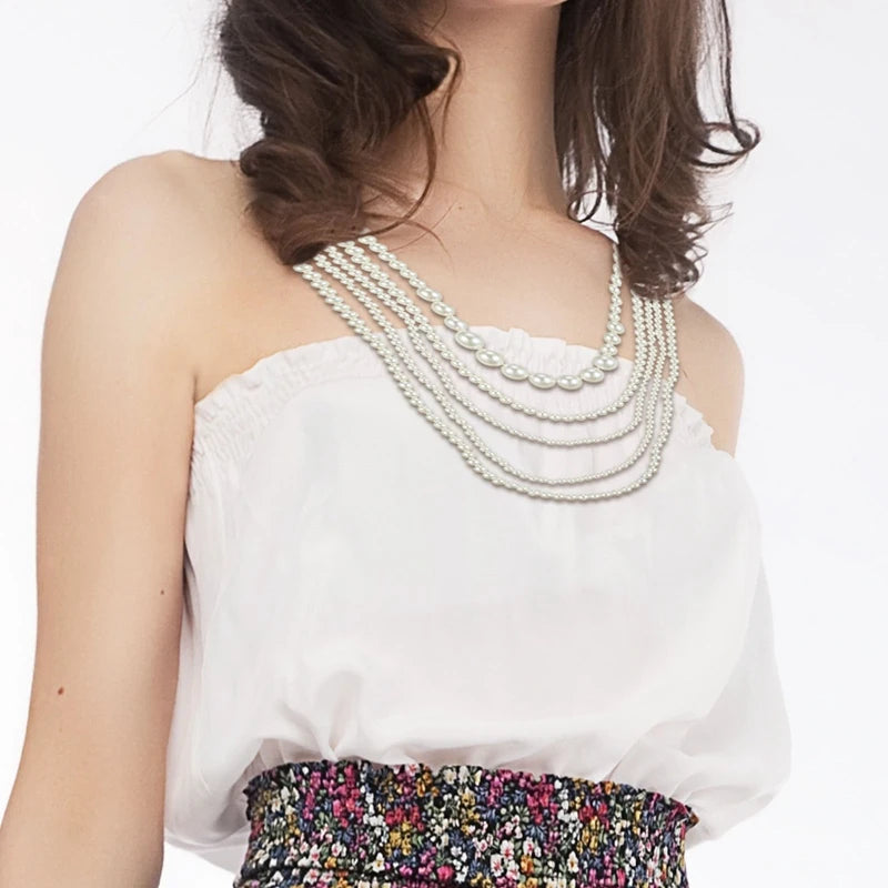 Vintage Imitation Pearl Choker Necklace Art Deco Flapper Accessories for Women White