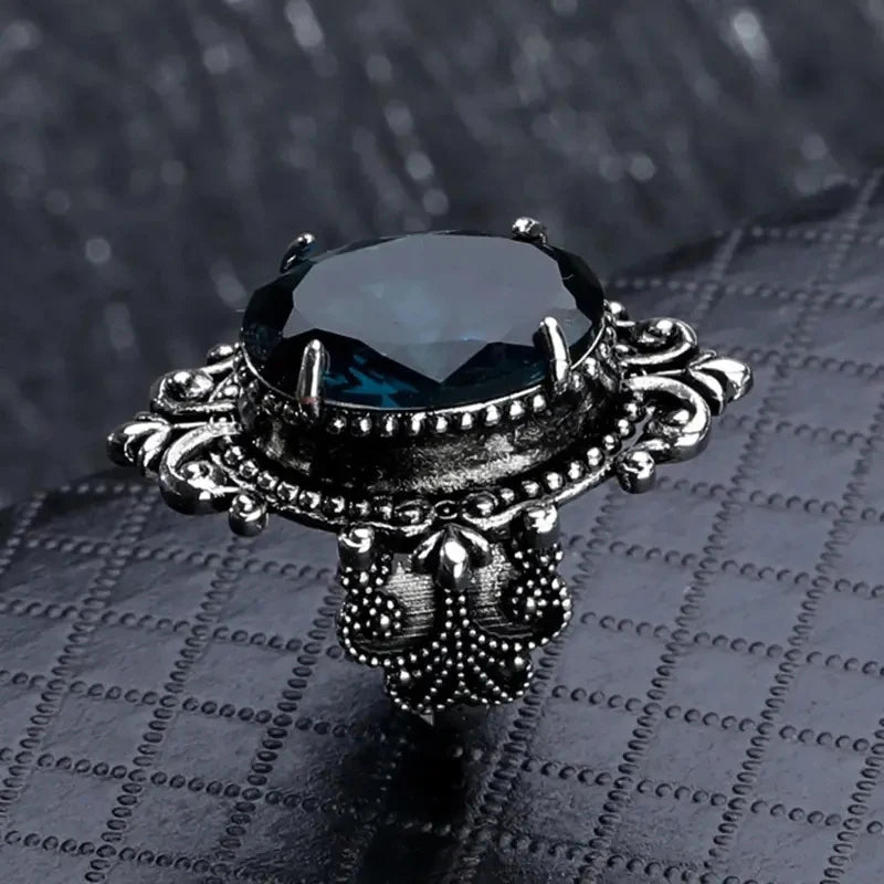 Pattern Vintage Women Rings with Oval Blue CZ Stone Retro Female Rings for Party