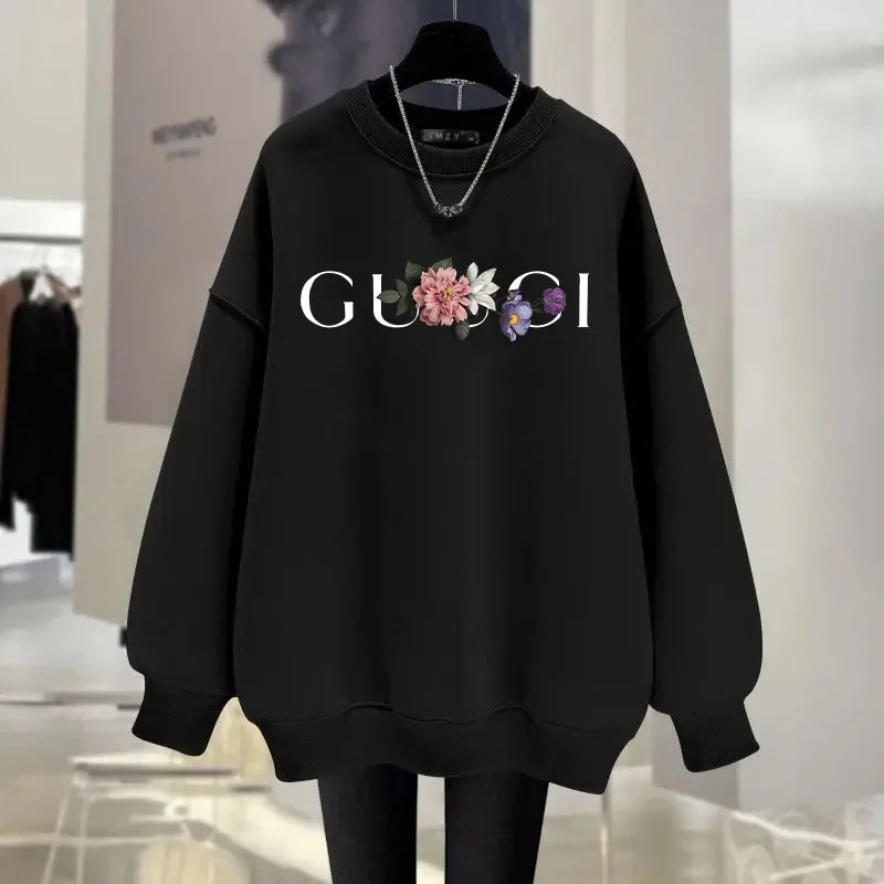 Women's O-Neck Hoodie Letter Printed Loose Long Sleeved Sweatshirt Woman Vintage