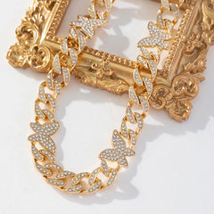 Hip Hop Cuban Chain Necklace Silver Gold Plated Rhinestone Butterfly Necklaces