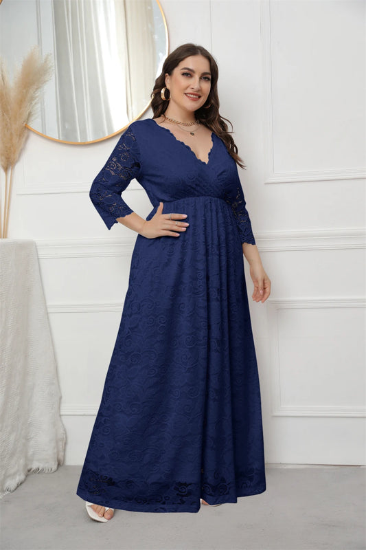 Plus Size 3/4 Sleeve V Neck Elegant Bridesmaid Wedding Contrast Lace Dresses For Women