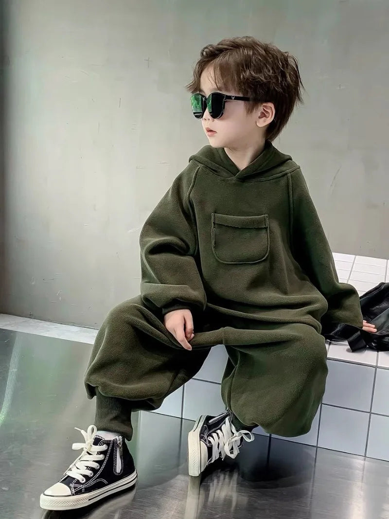 Boys' Cool-Style Autumn-Winter Polar Fleece Two-Piece Outfit
