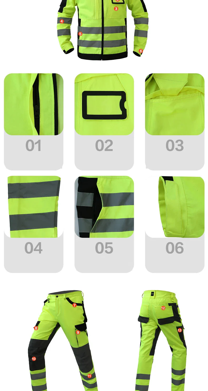 Men's Workwear Suit Work Suit Fluorescent Yellow Work Jacket and Pants Set with Multi Pockets Work Wear