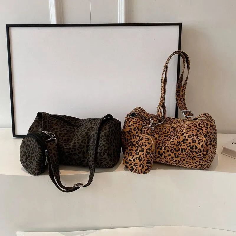 Korean Version Niche Leopard Print Canvas Armpit Bag for Women