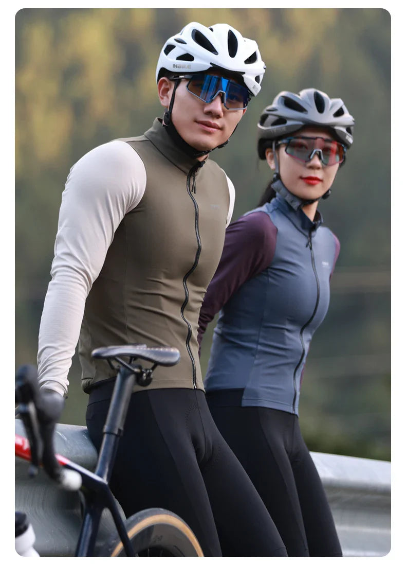 INBIKE Winter Cycling Clothing for Men Fleece Cycling Sets Long Sleeve Jersey with Pockets Long Bicycle Bib Pants for Road Bikes