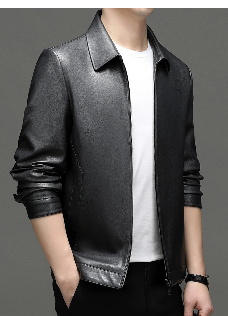 Spring and Autumn Men's Genuine Leather Polo Mock Neck Jacket Fashion
