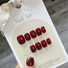 10Pcs Pure Color Handmade Short False Nail with Glue Press On Nails Full Cover French Round Head Manicure Wearable Nail Tips Art