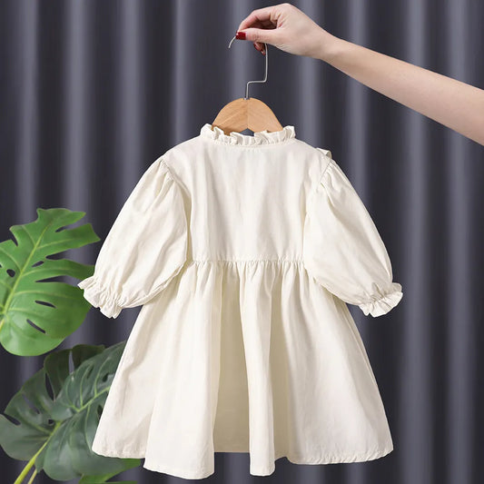 Korean Spring Autumn Kids Girls Dress Cotton Long Sleeve Flower Embroidery Baby