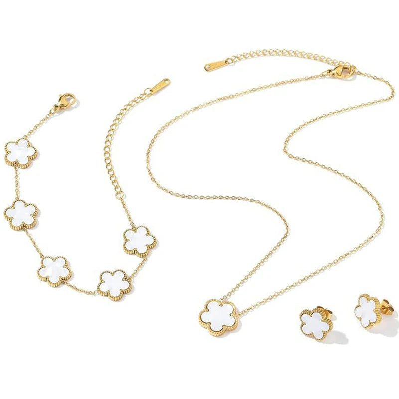 14K Gold Plated Stainless Steel Necklace Woman Five Leaf Petals Double Sided Necklaces