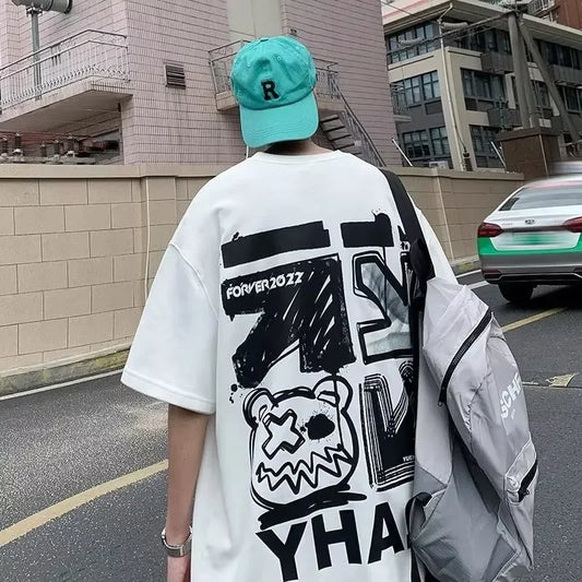 M-8xL Spring Men's T-shirt Short Sleeve Cartoon Graffiti Print Male Female Alphabet