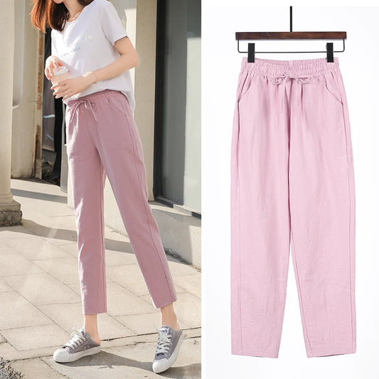 Womens Spring Summer Pants Cotton Linen Solid Elastic waist Candy Colors Harem Trousers