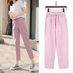 Womens Spring Summer Pants Cotton Linen Solid Elastic waist Candy Colors Harem Trousers