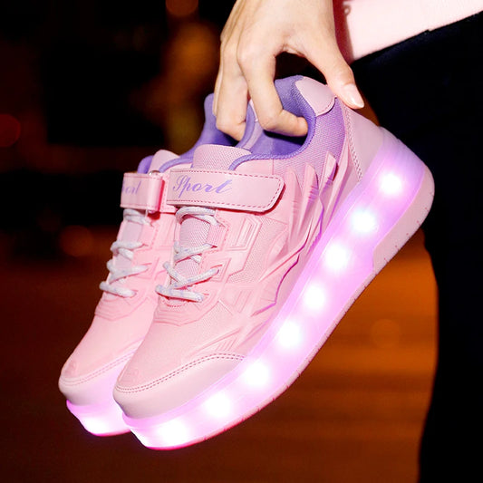 Children's Kids Boys Girls USB Charging Glowing Casual Sneakers Led Light Wheels Outdoor Parkour Roller Skate Shoes Sports