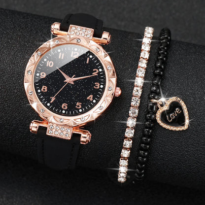 3PCS/Set Fashion Rhinestone Women's Watch Casual Leather Band Analog Quartz Watches Bracelets Set