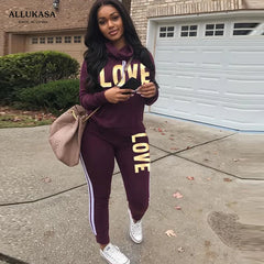 2 Piece Set Women Outfit LOVE Letter Print High Neck Hoodies Sweatshirt Pants Tracksuit