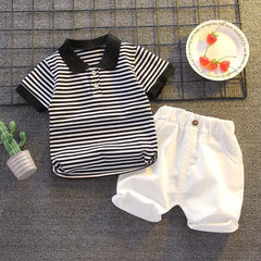 Summer Boys Sets Baby Thin Suit Children Lapel Striped Top Solid Shorts Two-Piece New Baby Fashion Casual Outfit 12M-5 Years Old
